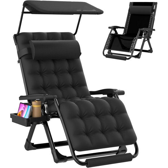 DKMOCO Zero Gravity Chair with Canopy, 29IN XL Reclining Camping Lounge Chairs w/Removable Cushion and Cup Holder, Folding Patio Recliner(Black)