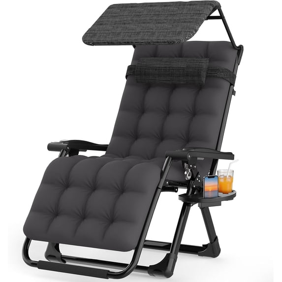 DKMOCO Zero Gravity Chair with Canopy, Reclining Camping Lounge Chairs w/Removable Cushion and Cup Holder, Folding Patio Recliner(Fossil Gray)
