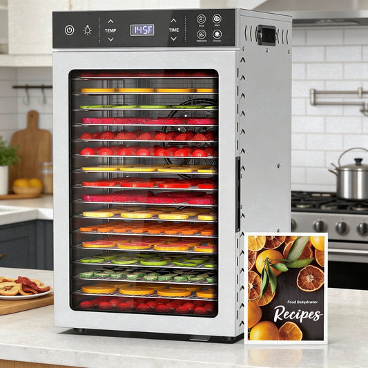 DKMOKO 800W Electric Food Dehydrator with 4 Presets, 16 Trays Stainless Steel, Adjustable Timer, Temperature Control, for Herb, Dog Treats,Meats & Veggies
