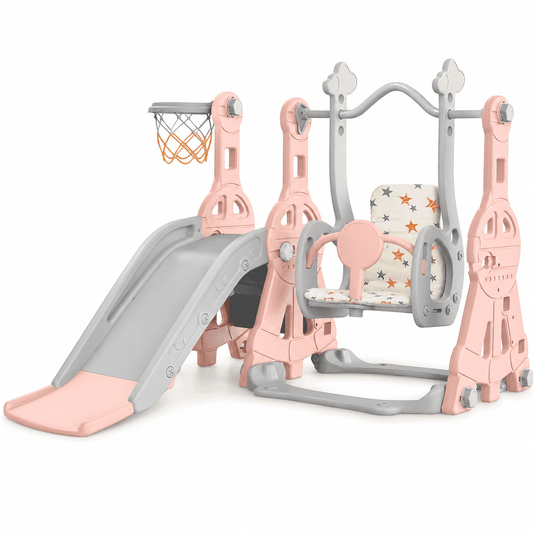 DKMOCO 4-in-1 Toddler Slide and Swing Set, Indoor Outdoor Kids Playground with Basketball Hoop, Climber Activity Playset for Toddlers Ages 1-2, Pink Gray