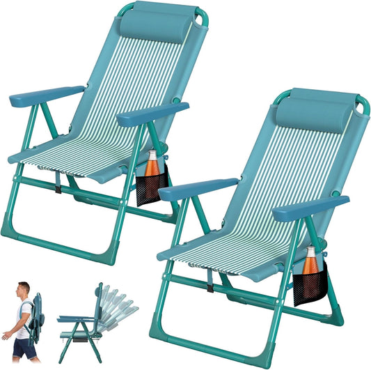 DKMOCO 2PCS Backpack Beach Chair, Folding 6-Positions Reclining Beach Chairs with Cooler Bag Cup Holder for Sand Outdoor Fishing,Striped Green
