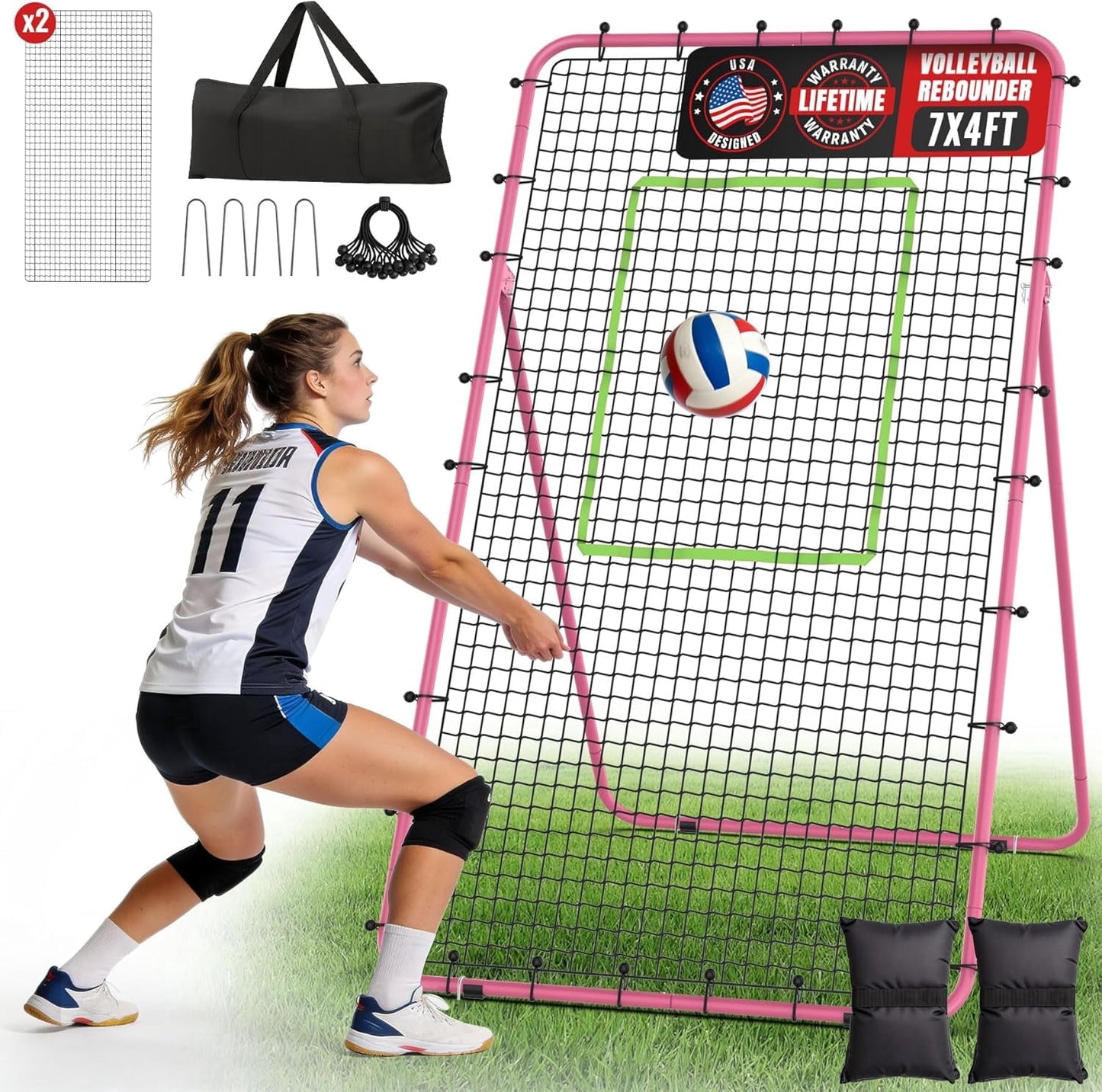 DKMOCO 7x4 FT Volleyball Rebounder Net, 5-Angle Adjustable Bounce Back Net, for Volleying/Spiking, Pink, 2 NETS