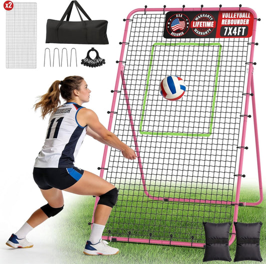 DKMOCO 7x4 FT Volleyball Rebounder Net, 5-Angle Adjustable Bounce Back Net, for Volleying/Spiking, Pink, 2 NETS