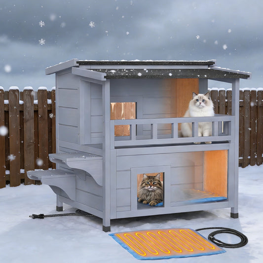 DKMOCO Outdoor Heated Cat House,Insulated Kitty House with Heated Pad for Winter,Wooden Weatherproof Stray Cat Shelter ,Double Storey Gray