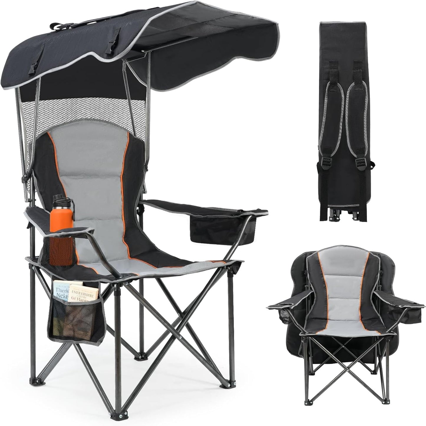 DKMOCO Camping Chair with Canopy, Outdoor Beach Chair with Adjustable Sun Shade Canopy, Folding Chair with Full Sun Protection, Black