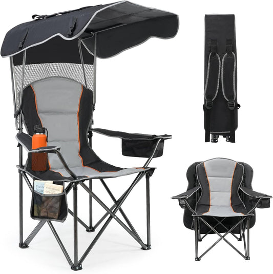 DKMOCO Camping Chair with Canopy, Outdoor Beach Chair with Adjustable Sun Shade Canopy, Folding Chair with Full Sun Protection, Black