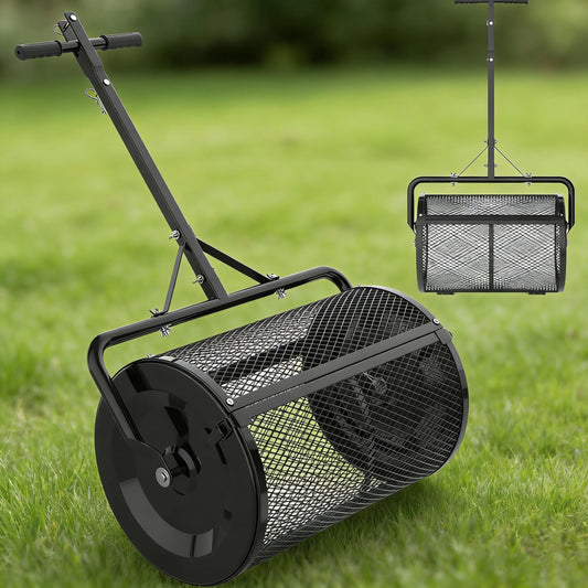 DKMOCO Compost Spreader, 24" Peat Moss Spreader with 3 Heights, Upgraded Side Latches Support Rod, Metal Mesh Top Dressing Spreader for Lawn, Garden and Yard, Black