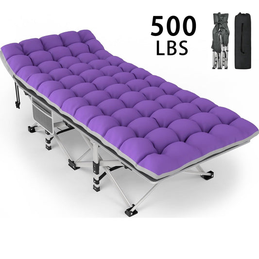 DKMOCO XL Folding Camping Cot with Mattress for Adults,28" x 75" 500lbs Capacity Portable Bed with Carry Bag, for Office Home Nap, Outdoor,Camping(Stripe Gray Cot+Purple Gray Pad)