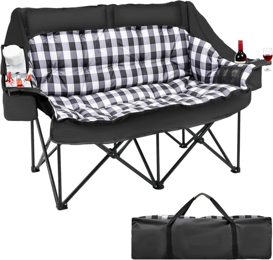 DKMOCO Double Camping Chair, 1200D Oxford Folding Camping Loveseat w/2 Cup & Wine Glass Holders, Cooler Bags & Side Pocket for Camping, Lawn, Patio, Black
