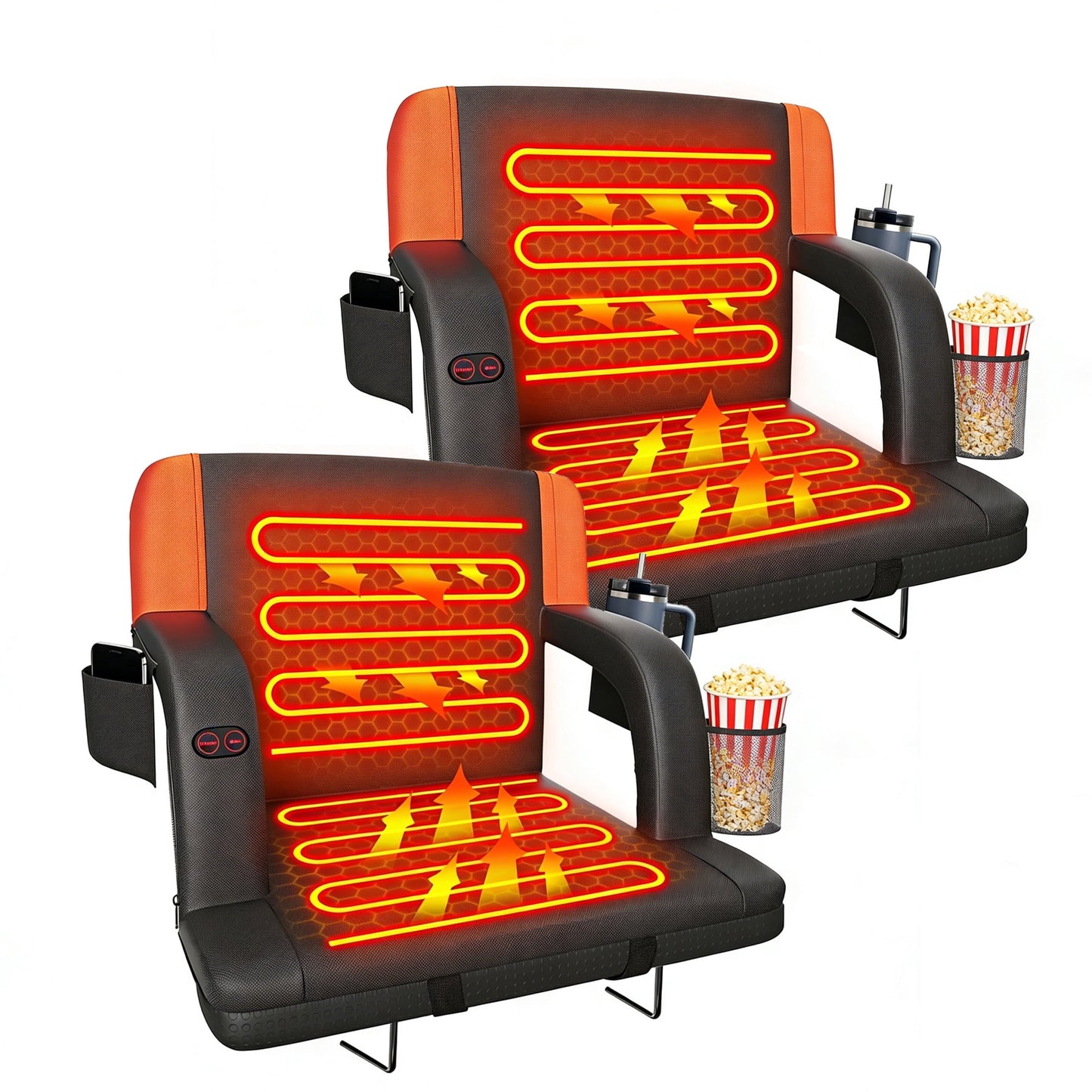 DKMOCO Dual-Sided 2PCS 25" Wide Heated Stadium Seats for Bleachers with Back Support, Portable Heated Bleacher Seat with Backrest, for Outdoor Events, Orange, NO BATTERY