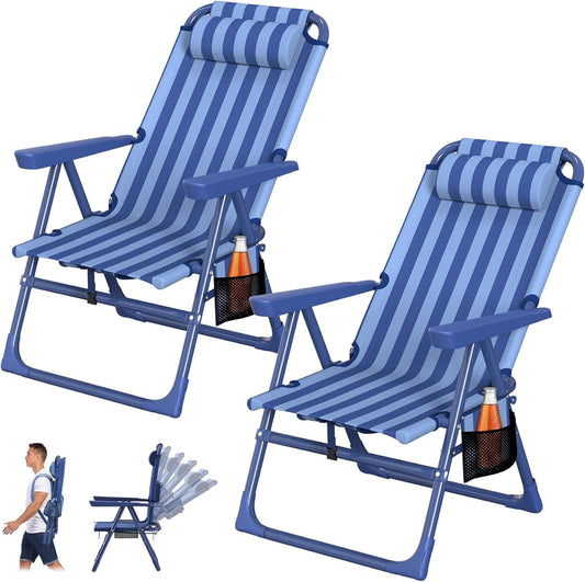 DKMOCO 2PCS Backpack Beach Chair, Folding 6-Positions Reclining Beach Chairs with Cooler Bag Cup Holder for Sand Outdoor Fishing,Striped Dark Blue