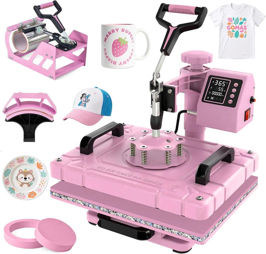 DKMOCO 5 in 1 Heat Press Machine with 11OZ Tumbler,12x15 inch 360Degree Swing Away Digital Sublimation Heat Transfer for Mugs T-Shirts Hat Cap Plate, Pink