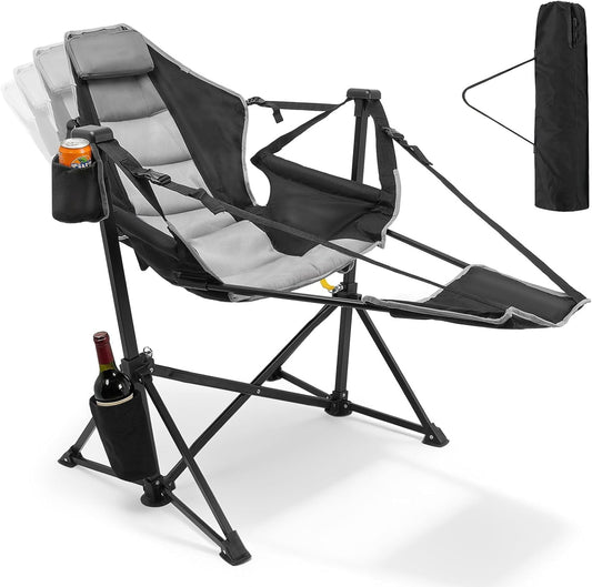DKMOCO Hammock Camping Chair with Footrest, Portable Folding Swinging Camp Chairs for Adults, with Cup Holder Pillow for Patio Beach, Black Gray