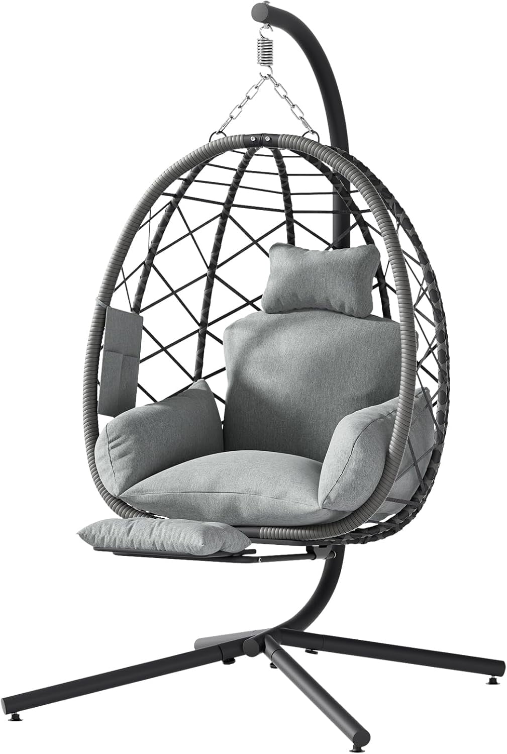 DKMOCO Hanging Egg Chair with Stand and Footrest, Indoor Outdoor Wicker Egg Swing Chair with Cushion, 330lbs Capacity, for Patio, Garden, Grey