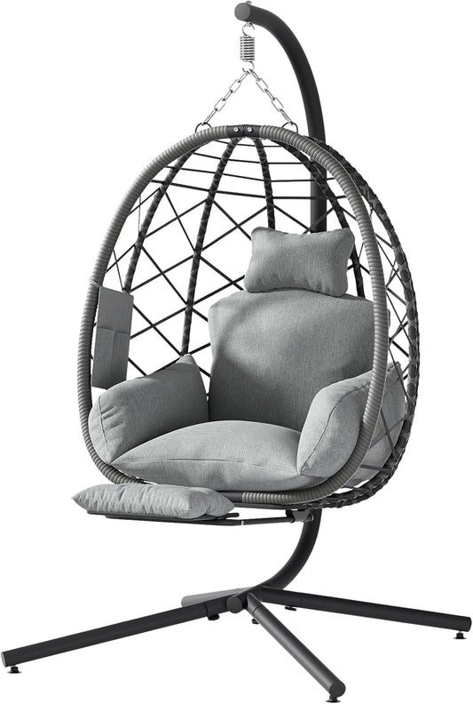 DKMOCO Hanging Egg Chair with Stand and Footrest, Indoor Outdoor Wicker Egg Swing Chair with Cushion, 330lbs Capacity, for Patio, Garden, Grey