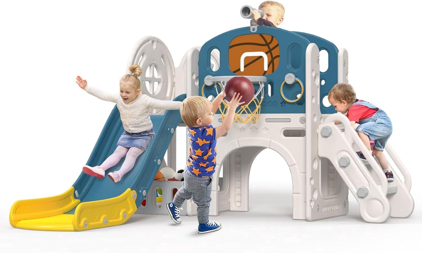 DKMOCO 9 in 1 Toddler Slide, Baby Slide for kids Age 1-3, with Basketball and Hoop, Indoor Outdoor Playset Playground Blue Yellow