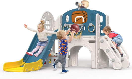 DKMOCO 9 in 1 Toddler Slide, Baby Slide for kids Age 1-3, with Basketball and Hoop, Indoor Outdoor Playset Playground Blue Yellow