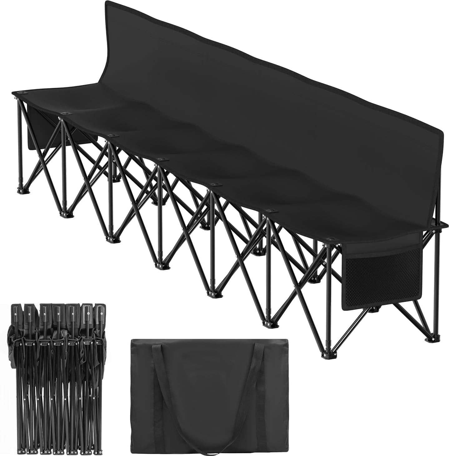 DKMOCO 6-Seat Portable Soccer Bench, Portable Folding Bench with 17.3"x 17.3" Individual Seats, 600D Oxford Fabric & Side Pockets, Bench for Sports, Camping, Patio & Park Events
