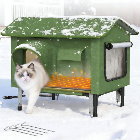 DKMOCO 24" Outdoor Heated Cat House,Insulated Cat House with Waterproof Eaves for Winter,Portable Oxford Cloth Cat Shelter for Feral Stray Kitty,Green