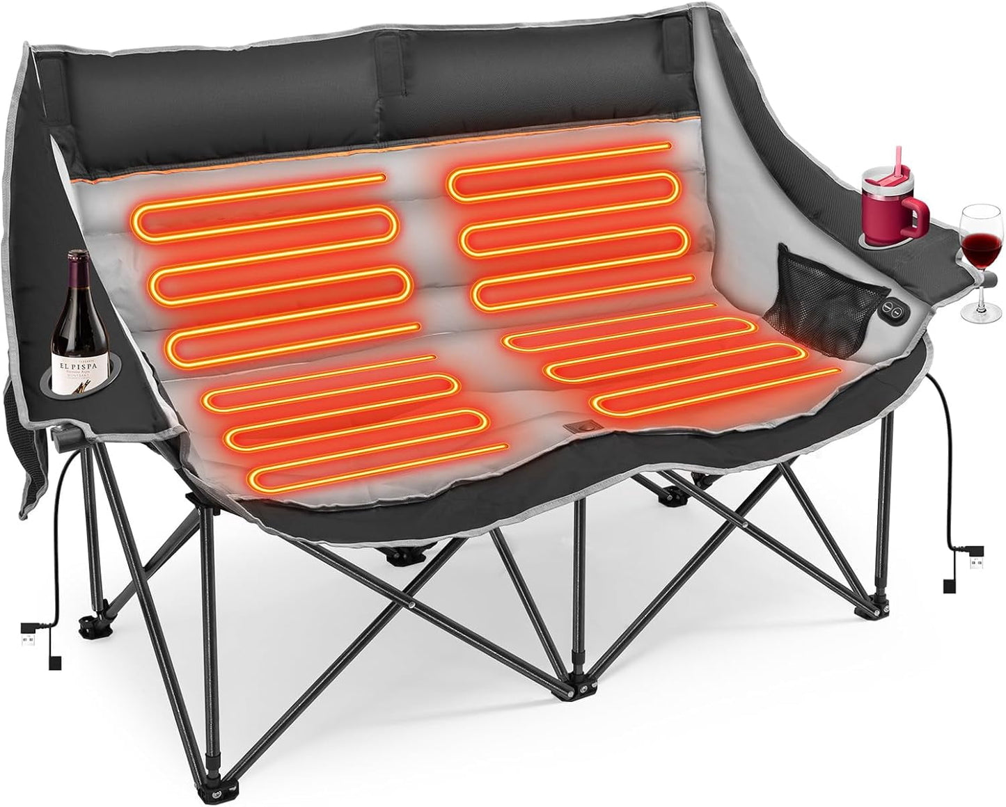DKMOCO Heated Double Camping Chair, Heated Loveseat Chair for Outdoor W/3 Heat Levels & 4 Heating Zones, for Camping & Travel, Black