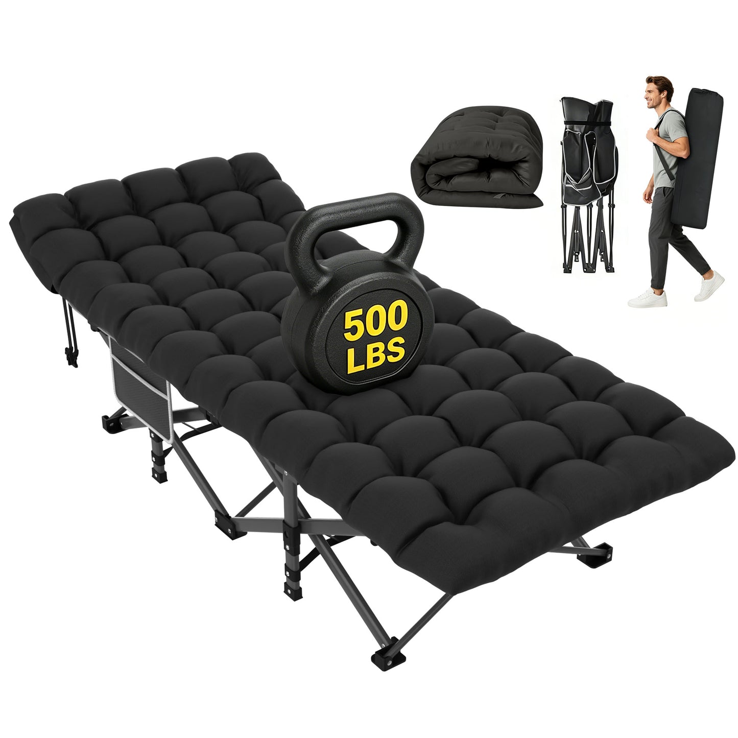 DKMOCO XL Folding Camping Cot with Mattress & Carry Bag, 28" x 75" 500lbs Heavy Duty Portable Sleeping Cot Bed for Adults, Home Office Guest Outdoor Camping Travel, Black Cot Black Pad