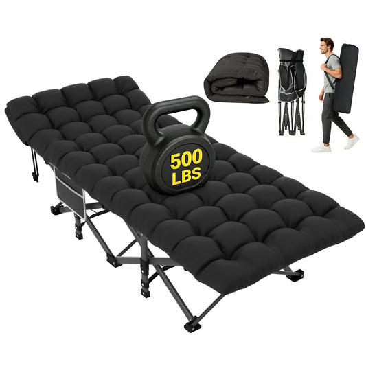 DKMOCO XL Folding Camping Cot with Mattress & Carry Bag, 28" x 75" 500lbs Heavy Duty Portable Sleeping Cot Bed for Adults, Home Office Guest Outdoor Camping Travel, Black Cot Black Pad
