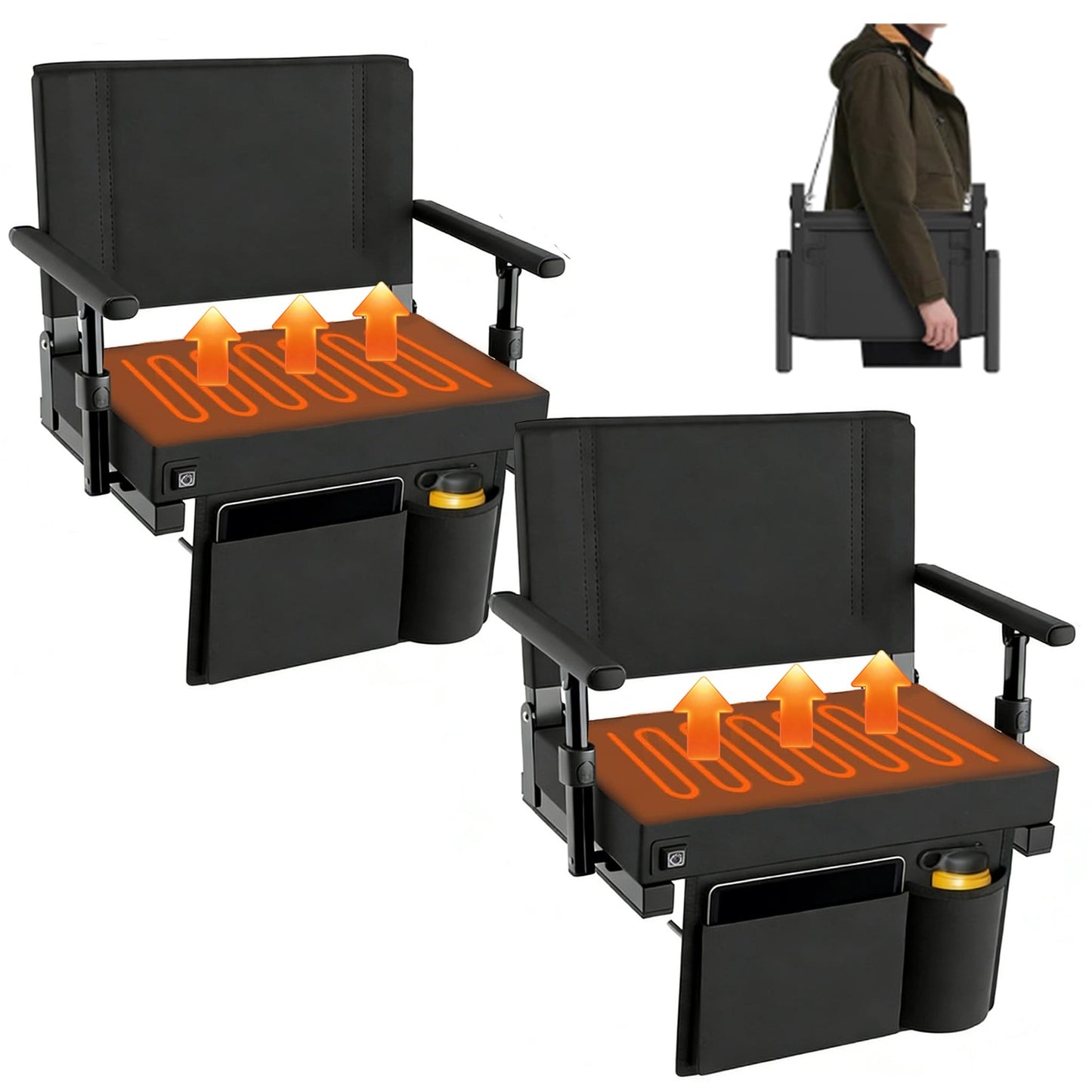 DKMOCO 2PCS Heated Stadium Seats with Back Support and Armrest, USB Heated Stadium Seat for Bleachers, Bleacher Chair for Outdoor Sports(WITHOUT BATTERY)