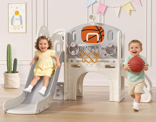 DKMOCO 9 in 1 Toddler Slide, Baby Slide for kids Age 1-3, with Basketball and Hoop, Indoor Outdoor Playset Playground Beige Gray