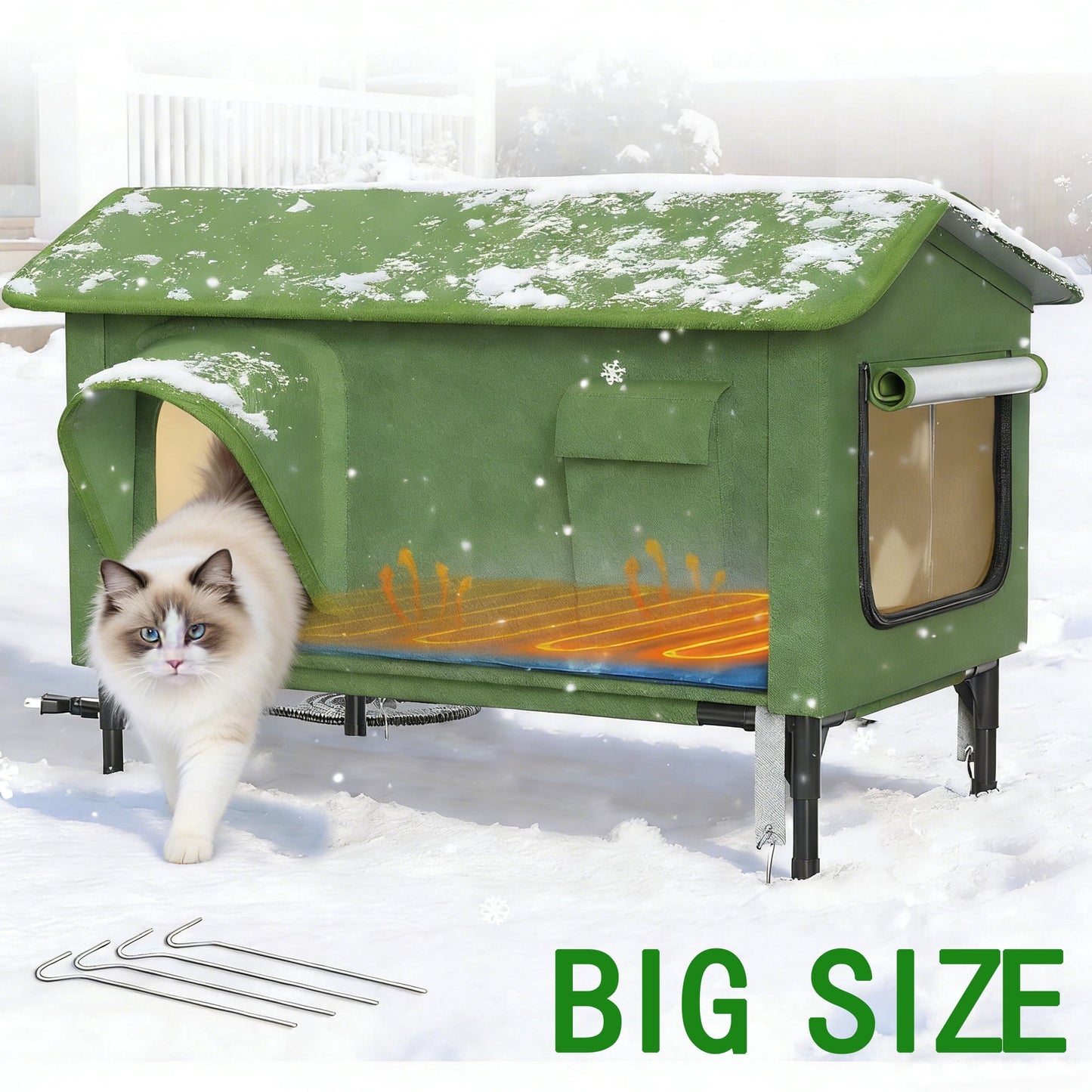 DKMOCO 32" XL Outdoor Heated Cat House,Insulated Cat House with Waterproof Eaves for Winter,Portable Oxford Cloth Cat Shelter for Feral Stray Kitty,Green