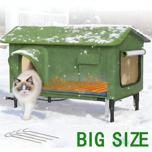 DKMOCO 32" XL Outdoor Heated Cat House,Insulated Cat House with Waterproof Eaves for Winter,Portable Oxford Cloth Cat Shelter for Feral Stray Kitty,Green