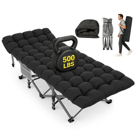 DKMOCO XL Folding Camping Cot with Mattress & Carry Bag, 28" x 75" 500lbs Heavy Duty Portable Sleeping Cot Bed for Adults, Home Office Guest Outdoor Camping Travel, Gray Cot Black Pad