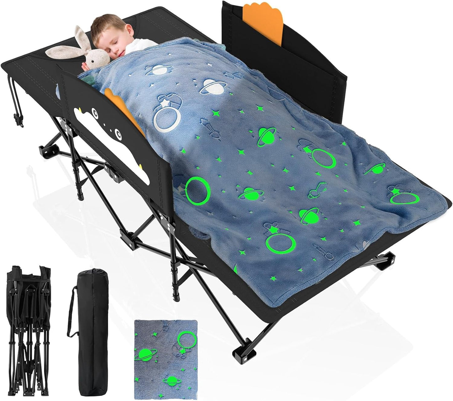 DKMOCO Kids Camping Cot, Comfortable Toddler Cot Bed, Portable Child Sleeping Cot with Guardrail, Lightweight Bed for Outdoor Indoor Home, Black