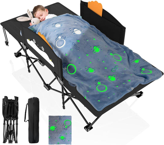 DKMOCO Kids Camping Cot, Comfortable Toddler Cot Bed, Portable Child Sleeping Cot with Guardrail, Lightweight Bed for Outdoor Indoor Home, Black