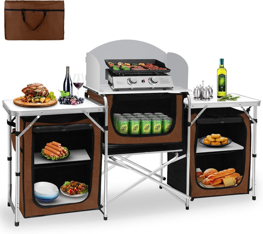 DKMOCO Camping Kitchen Table, Aluminum Portable Foldable Outdoor Cooking Table with Windscreen and 3 Storage Cupboards, for BBQ, Party, Picnics & Outdoor Activities, Brown