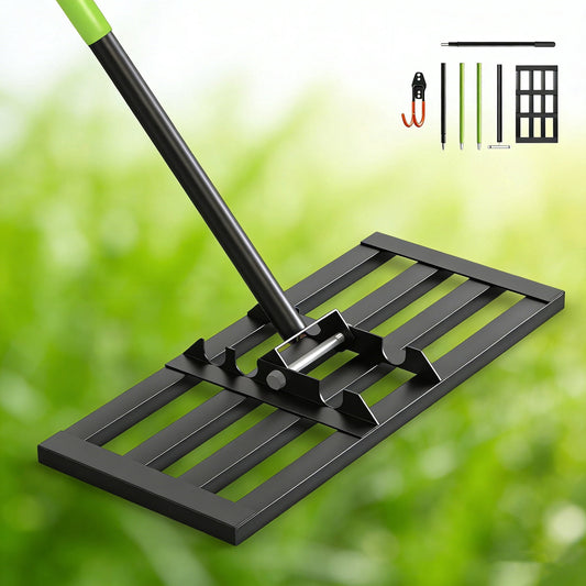 DKMOCO 17"x 10" Lawn Leveling Rake with 6.5FT Stainless Steel Handle, 0-180 Degree Adjustable Ground Leveler Tool for Yard, Level Soil Sand Dirt Surfaces