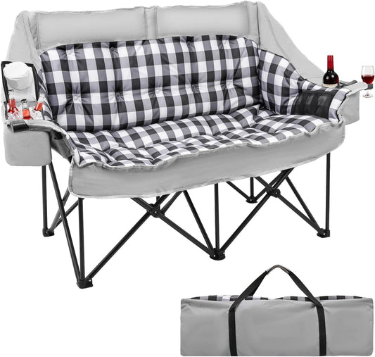 DKMOCO Double Camping Chair, 1200D Oxford Folding Camping Loveseat w/2 Cup & Wine Glass Holders, Cooler Bags & Side Pocket for Camping, Lawn, Patio, Gray