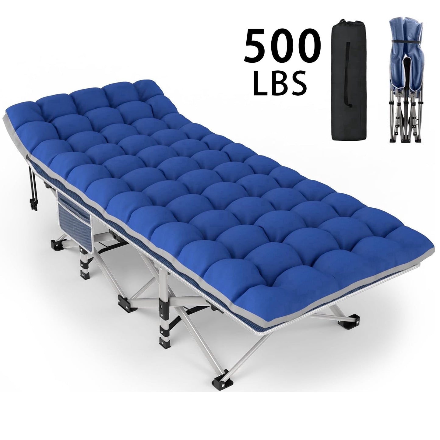 DKMOCO XL Folding Camping Cot with Mattress for Adults,28" x 75" 500lbs Capacity Portable Bed with Carry Bag, for Office Home Nap, Outdoor,Camping(Blue Cot+Blue Gray Pad)