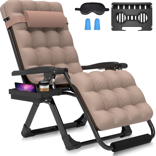 DKMOCO Oversized XL Zero Gravity Chair, 29" Extra Wide Recline Chair w/Upgraded Lock and Wider Cup Holder, Camping Lawn Chair for Patio Outdoor Office,Beige