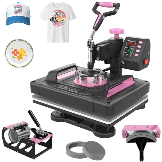 DKMOCO 5 in 1 Heat Press Machine with 360 Degree Swing Away, 12"x15" Multifunction Heat Transfer Sublimation Combo for T Shirts Mugs Hat Plate Cap, Pink