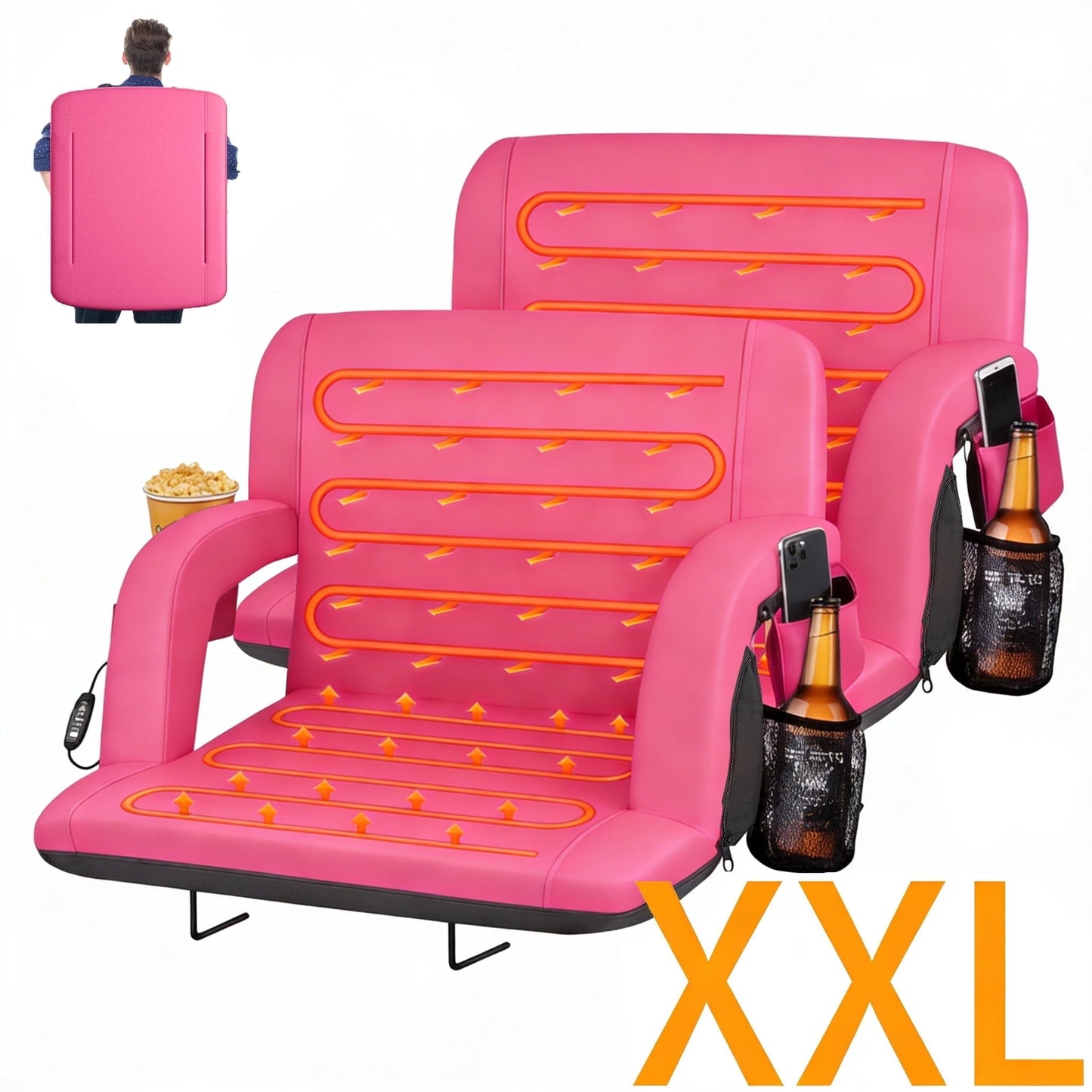 DKMOCO 2PCS 25" Extra Wide Dual Side Heated Stadium Seats for Bleachers with Back Support, Folding Bleacher Seat with Storage Pockets for Outdoor Camping Games Sports,Pink(No Battery)