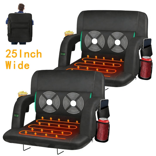 DKMOCO 2PCS 25" Extra Wide Heated Massage Stadium Seats for Bleachers with Back Support, Portable Stadium Chair with Armrest, for Outdoor and Events(WITHOUT BATTERY)
