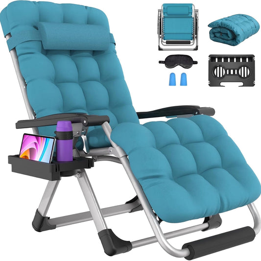 DKMOCO Oversized XL Zero Gravity Chair, 29" Extra Wide Recline Chair w/Upgraded Lock and Wider Cup Holder, Camping Lawn Chair for Patio Outdoor Office,Light Blue