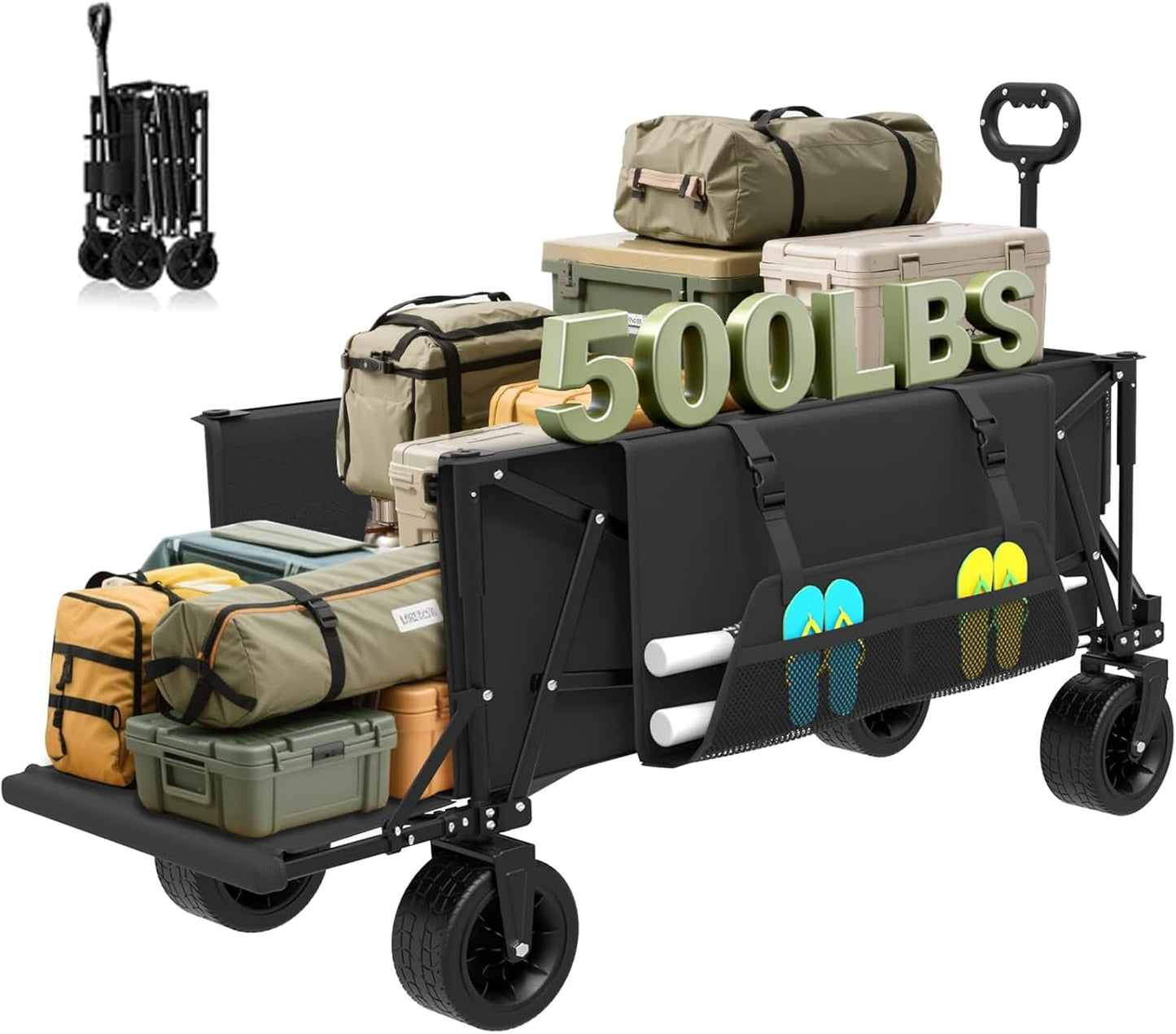 DKMOCO 300L Folding Wagons Carts with Tailgate, Heavy Duty All-Terrain Beach Wagon Cart, 500 LBS Capacity Portable Utility Wagon for Garden Outdoor Camping, Black