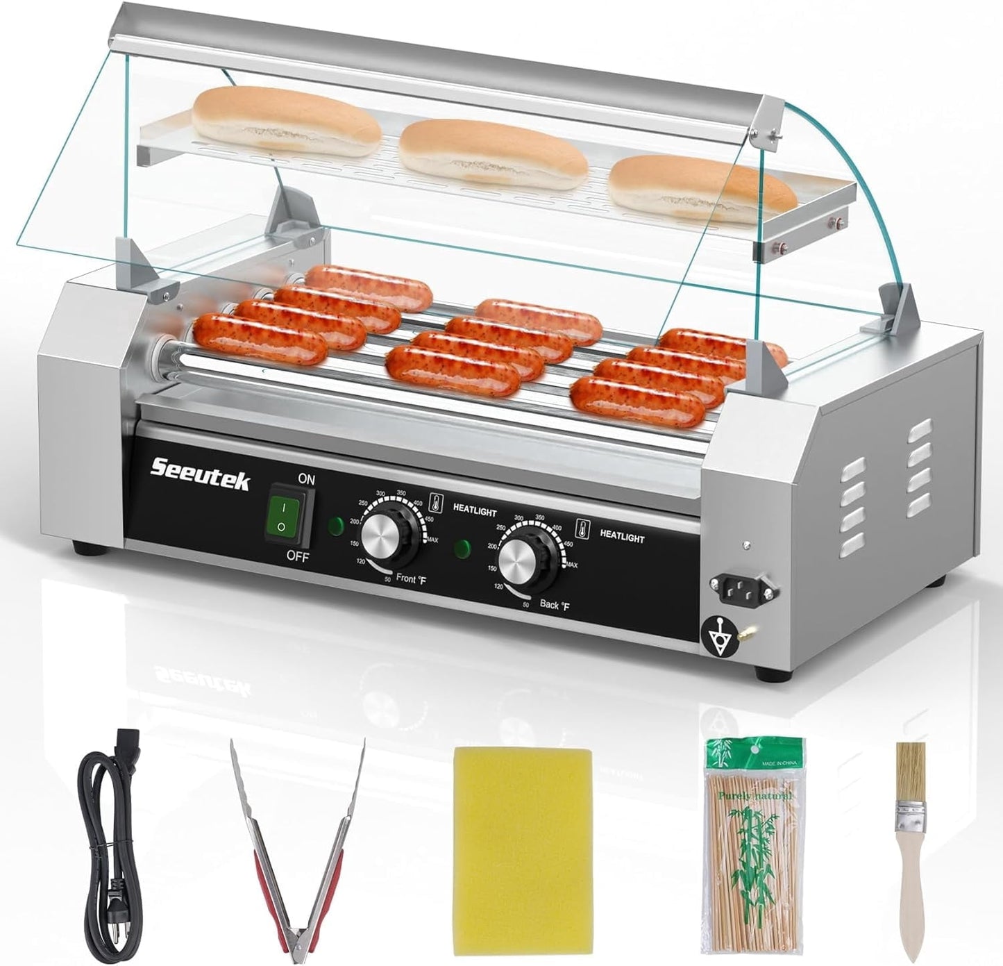 DKMOCO Hot Dog Roller, 5 Rollers 12 Hot Dogs Capacity 1100W Stainless Sausage Grill Machine with Dual Temp Control Bun Warmer Shelf Removable Oil Drip Tray