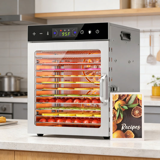 DKMOC 12 Tray Food Dehydrator Machine, Stainless Steel Food Dryer with Digital Timer & Adjustable Temperature Control for Jerky, Fruits, Herbs, Meat, Includes Recipe Book