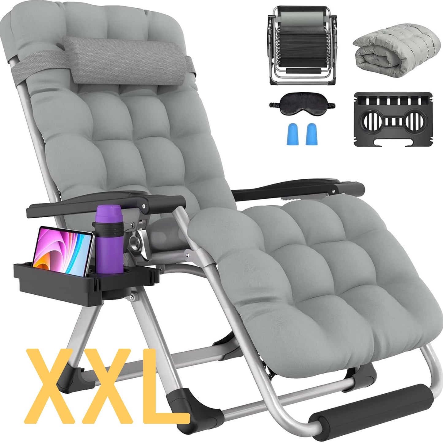 DKMOCO Oversized XXL Zero Gravity Chair, 33" Extra Wide Recline Chair w/Upgraded Lock and Wider Cup Holder, Camping Lawn Chair for Patio Outdoor Office (Gray)