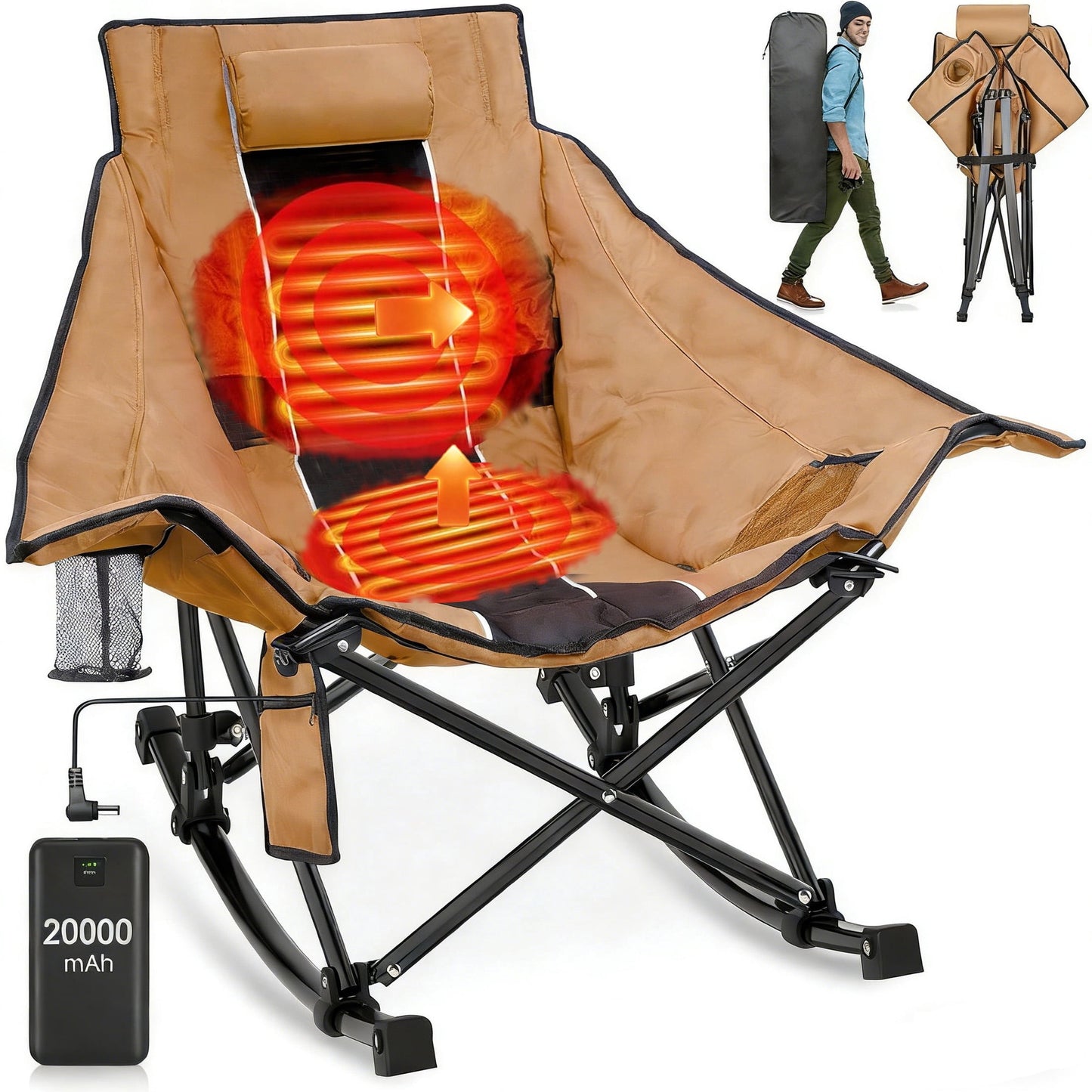 DKMOCO Oversized Heated Rocking Camping Chair with 20000mAh Power Bank, Camping Chair for Winter Outdoor( Khaki Black)