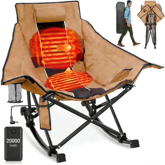 DKMOCO Oversized Heated Rocking Camping Chair with 20000mAh Power Bank, Camping Chair for Winter Outdoor( Khaki Black)
