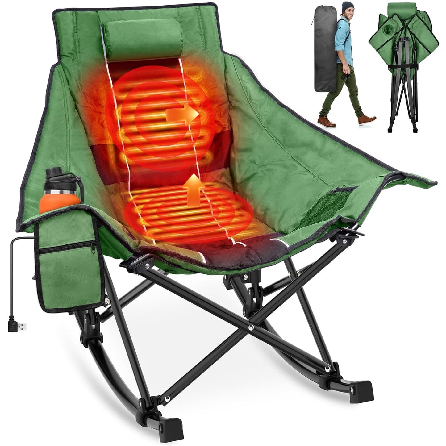 DKMOCO Oversized Heated Rocking Camping Chair, Camping Chair for Winter Outdoor WITHOUT 20000mAh Power Bank( Green Black)