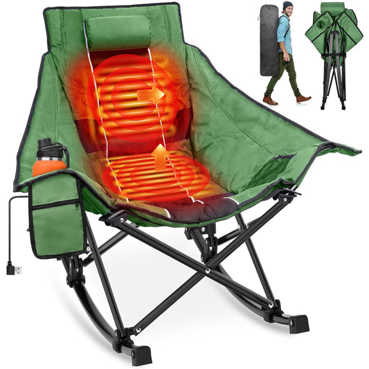 DKMOCO Oversized Heated Rocking Camping Chair, Camping Chair for Winter Outdoor WITHOUT 20000mAh Power Bank( Green Black)